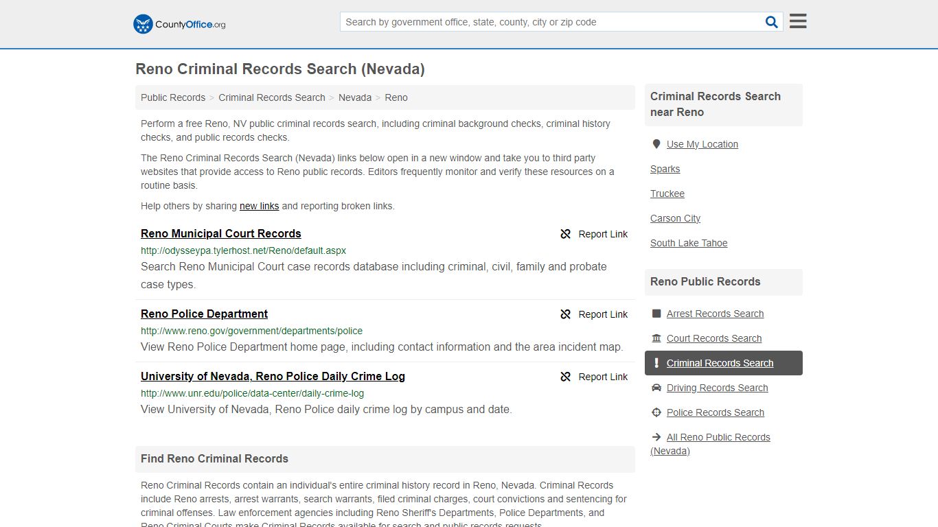 Reno Criminal Records Search (Nevada) - County Office